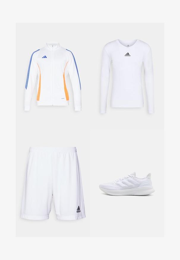 Bijela jakna na zatvaranje sa patentnim zatvaračem s narančastim i plavim bočnim prugama, s okovratnikom i rebrastim manžetama. Izrađena od glatkog, laganog materijala.; Dugih rukava bijela atletska majica od glatkog materijala s crnim Adidas logom na prsima; dizajn s V-izrezom i uskim krojem.; Bijele sportske kratke hlače s elastičnom pogodnom trakom, izrađene od glatkog materijala. Imaju crni Adidas logo na donjoj lijevoj strani.; Bijele atletske cipele s gornjim dijelom od teksturirane mrežice, potporanom uteznom sredinom i dizajnom s tri pruge sa strane.