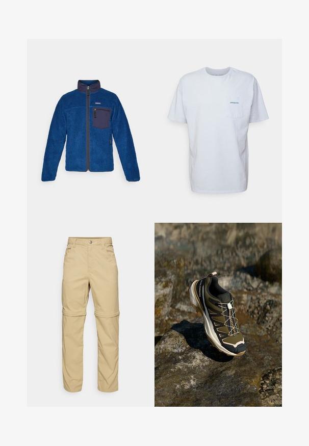 Blå fleecejacka med texturerad yta, hög krage, frontdragkedja och en marinblå bröstficka. Har logotypen på övre vänstra sidan.; Vit bomulls t-shirt med korta ärmar, rund hals och ett vänster bröstficka med en blå "Patagonia"-logotyp. Klassisk passform med en slät textur.; Beige zip-off byxor med en mjuk textur, som har två sidfickor, en knappstängning och uppvikbara muddar för mångsidighet.; Vandringsskor i olivgrönt och svart med rosa detaljer. Har en texturerad ovandel, flexibel sula, förstärkt tåhätta och en färgglad snörningssystem.