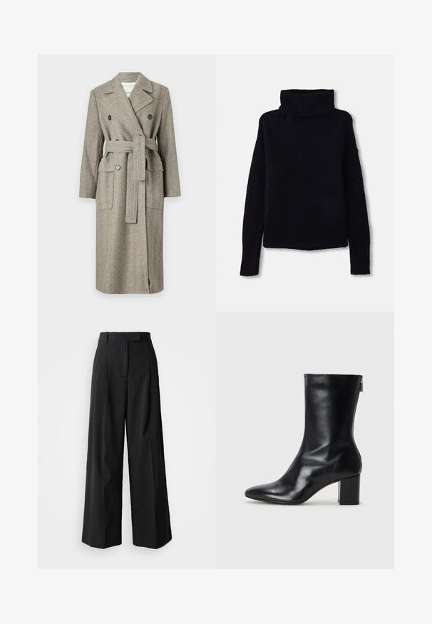 MAX&Co. LAMBRO - Mantel - hanf; Zwarte, chunky gebreide trui met een hoge ribgebreide col en lange mouwen. Zachte textuur, rechte onderkant en geen zichtbare patronen of versieringen.; Zwarte wijde broekspijpen van een gladde stof met een hoge tailleband, voorzien van twee geplooide details aan de voorkant en een getailleerd ontwerp.; Zwarte leren enkelboot met een spitse neus en een blokhak van 4 cm. Strak ontwerp met een zijrits voor gemakkelijke aan- en uittrekken. Soepele textuur.