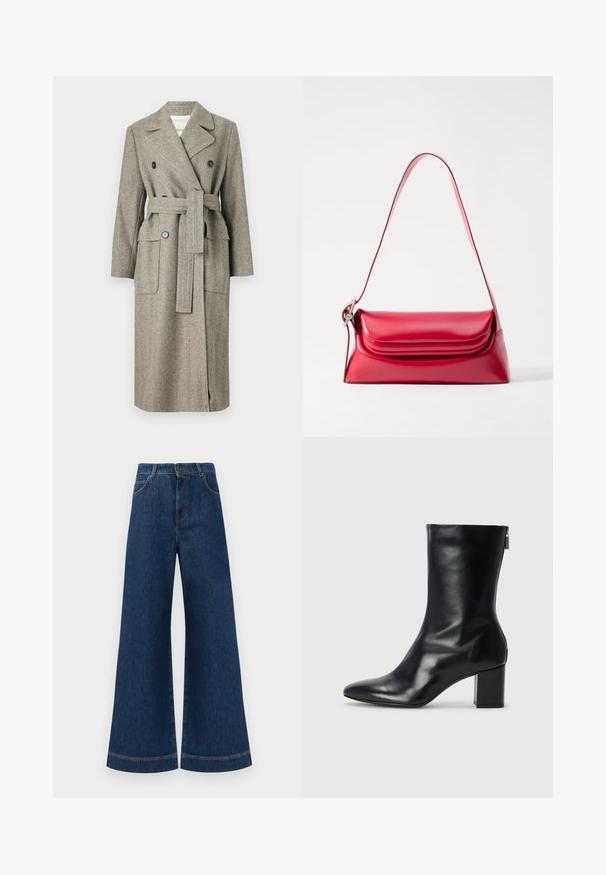 MAX&Co. LAMBRO - Classic coat - hanf; Black turtleneck sweater made of soft fabric. Features long sleeves, a high neck, and ribbed cuffs and hem for a fitted look.; Wide-leg blue denim jeans with a high waist, featuring a button closure, belt loops, and subtle stitching details along the pockets and hems.; Black leather ankle boot with a pointed toe and 4 cm block heel. Sleek design features a side zipper for easy wear. Smooth texture.; Red leather handbag with a structured shape, smooth texture, and a single adjustable strap. Features a rounded flap closure.