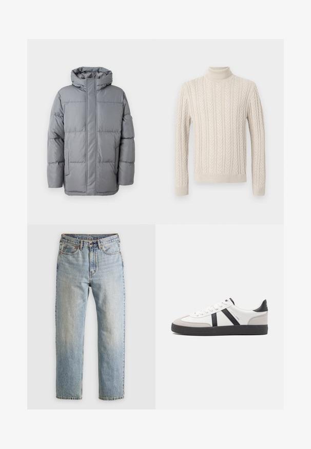 Sivá vypchávkovaná bunda s vysokým golierom, uzáverom na zips vpredu a bočnými vreckami. Má prešívaný dizajn a hladkú, matnú textúru.; Béžový pletený sveter s vysokým, ribbovaným rolákom. Má textúrovaný káblový vzor a ribbované manžety a dolný lem, čo mu dodáva útulný vzhľad.; Svetlomodré džínsy s vysokým pásom, predným gombíkom, zipsom a dizajnom s piatimi vreckami, rozložené na neutrálnom pozadí.; Biele tenisky s čiernymi a šedými akcentmi, s textúrovanou šedou špičkou, čiernou gumovou podrážkou a plochými bielymi šnúrkami. Čistý dizajn, minimalistický štýl.