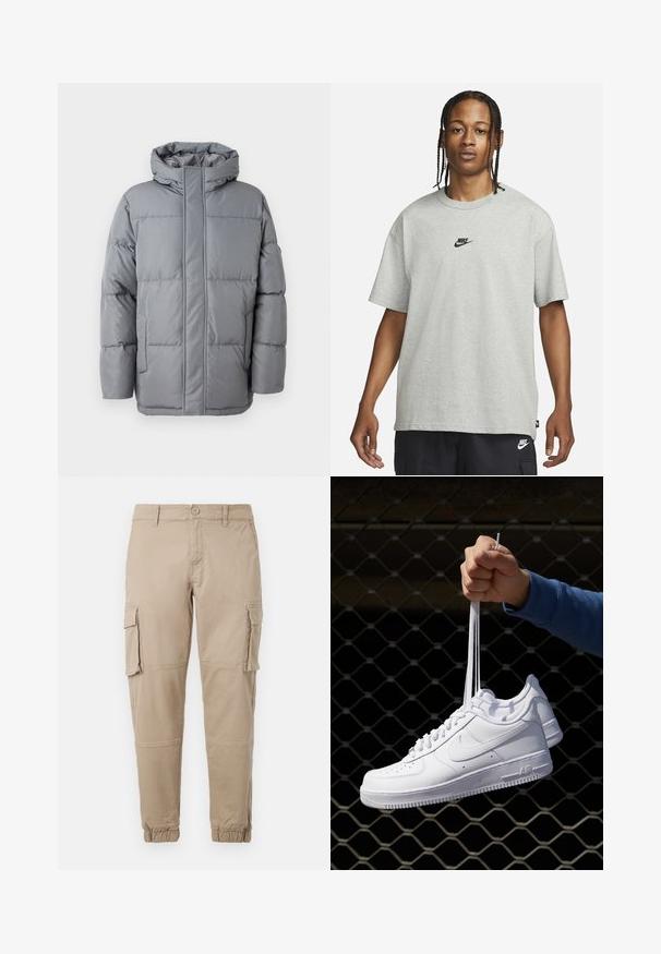 Casaco cinza acolchoado com colarinho alto, fecho frontal com zíper e bolsos laterais. Apresenta um design acolchoado e uma textura lisa e mate.; Pessoa jovem com cabelo trançado a usar uma camiseta Nike cinza claro e calções Nike pretos em fundo branco liso.; Calças cargo bege em um material de algodão leve. Apresenta punhos elásticos, múltiplos bolsos laterais e um fecho de botão.; Sapatilhas de couro branco com perfurações, biqueira redonda, sola plana e atacadores grossos, apresentando um logotipo swoosh visível e "AIR" no calcanhar.