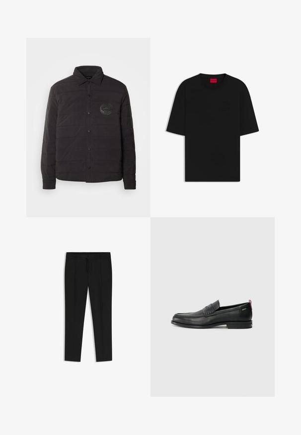 BOSS BOSS X PORSCHE LIVIO KENT - Light jacket - black; Black short-sleeve t-shirt made from cotton, features a crew neck and embossed logo on the front, with a relaxed, loose fit.; Black trousers with a drawstring waist, pleated front, tapered legs, and smooth fabric texture. No additional patterns or details.; Black leather loafers with a textured front panel and smooth sides. Features a slim heel and rear loop for easy wear. Classic design.