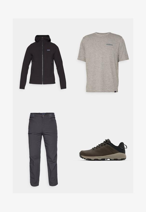 Μαύρο μπουφάν με φερμουάρ και κουκούλα, με υφή υφάσματος, δύο πλάγιες τσέπες και ένα μικρό λογότυπο στη πάνω αριστερή μεριά του στήθους.; Γκρι κοντομάνικο T-shirt φτιαγμένο από μαλακό, υφασματοποιημένο υλικό με μικρό μπλε λογότυπο Patagonia στο αριστερό στήθος. Χωρίς επιπλέον μοτίβα.; Σκούρες γκρι παν trousers από ανθεκτικό ύφασμα, με τσέπη με φερμουάρ, ευθεία γραμμή και θηλιές για ζώνη για ρυθμιζόμενη εφαρμογή.; Καφέ αδιάβροχα αθλητικά παπούτσια με υφασμάτινη επάνω επιφάνεια, διατρήσεις, μαύρη στήριξη στη φτέρνα και γκρι ελαστική σόλα. Οι κορδόνες είναι διακοσμημένες με μεταλλικές άκρες.