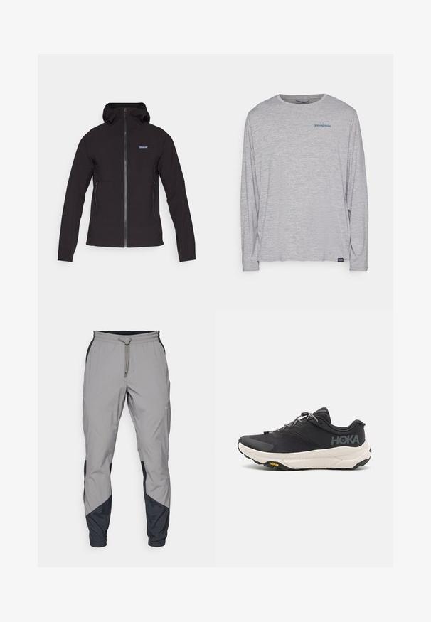 Fekete cipzáras dzseki kapucnival, texturált anyagból készült, két oldalsó zsebbel és egy kis logóval a bal felső mellen.; Világosszürke, hosszú ujjú póló, puha, texturált anyagból készült. Kerek nyakkivágással és egy kis kék Patagonia logóval rendelkezik a mellkasán.; Könnyű, szürke sportnadrág fekete részletekkel. Rugalmas derékpánt, zsinóros zárás, szabott lábszár kialakítás és oldalsó zsebek.; Fekete sportcipő texturált felsőrésszel, szürke kiegészítőkkel, fényvisszaverő részletekkel és vastag fehér talppal, amelyen Vibram márkajelzés található.