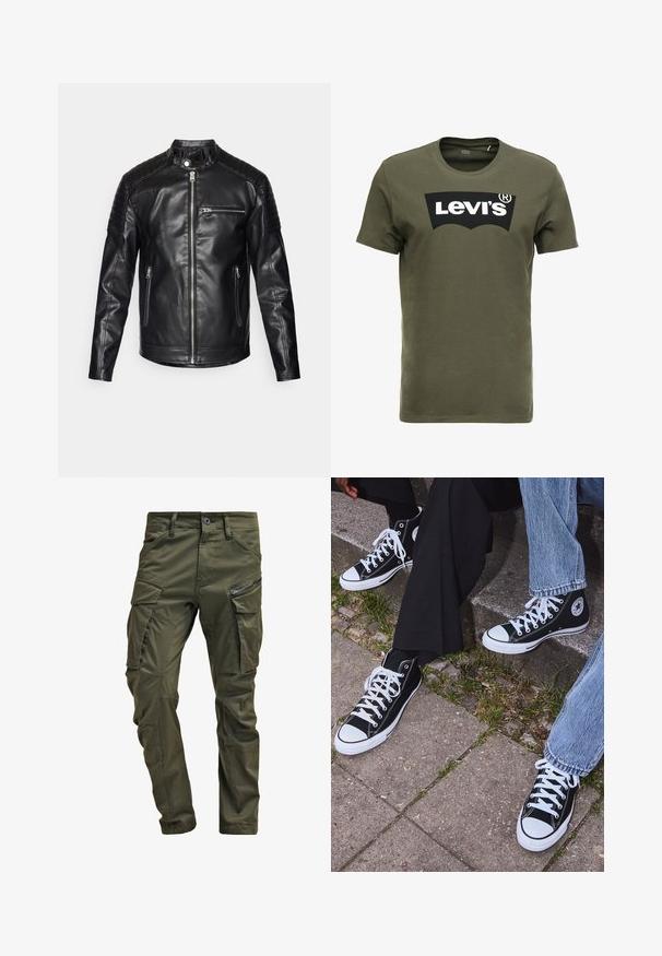Veste en cuir noir avec col montant, fermeture éclair sur le devant, et poches latérales. Panneaux d'épaules texturés et design ajusté.; T-shirt en coton vert olive avec un grand logo noir Levi's sur le devant. Col rond classique et manches courtes, texture lisse.; Pantalons cargo vert olive en coton résistant. Dotés de plusieurs poches, d'une poche latérale zippée et de jambes fuselées avec une finition légèrement texturée.; Baskets montantes en toile noires avec semelles et lacets en caoutchouc blancs, arborant un logo circulaire sur le côté et associées à un jean et un pantalon noir.