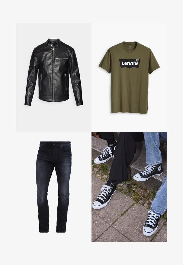 Black leather jacket with a stand collar, zippered front, and side pockets. Textured shoulder panels and slim fit design.; Levi's® HOUSEMARK GRAPHIC TEE - Print T-shirt - tech olive night; Dark blue slim-fit jeans with slight fading on thighs and knees, featuring front pockets, belt loops, and a button closure.; Black high-top canvas sneakers with white rubber soles and laces, featuring a circular logo on the side and paired with denim and black pants.