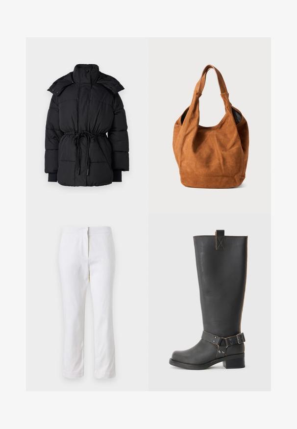 Casaco puffer preto com colarinho alto, cintura com cordão ajustável e punhos canelados. Apresenta botões de pressão e uma textura acolchoada por toda a parte.; T-shirt preto de manga curta feito de algodão suave, com decote redondo, ajuste descontraído e uma textura suave. Sem padrões ou gráficos visíveis.; Calças de algodão brancas com um design de perna reta, apresentando uma cintura de altura média e sem hardware ou padrões visíveis. Textura suave por toda a peça.; Bota preta de couro até ao joelho com um acabamento texturizado, apresentando um detalhe de fivela lateral e um salto baixo. Costura detalhada ao longo das costuras.; Bolsa de ombro em camurça castanha com uma textura suave, forma curva e duas alças. Apresenta um design minimalista, sem hardware ou detalhes visíveis.