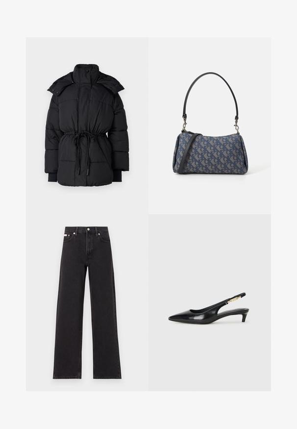 Černá prošívaná bunda s vysokým límcem, stahovacími šňůrkami v pase a žebrovanými manžetami. Disponuje zacvakávacími knoflíky a celoplošnou prošívanou texturou.; Černé tričko s krátkým rukávem vyrobené z měkké bavlny, s kulatým výstřihem, volným střihem a hladkým povrchem. Žádné viditelné vzory ani grafika.; Černé široké jeansy vyrobené z denimu, s vysokým pasem, pěti kapsami a kovovým zapínáním s kontrastním prošíváním.; Černé kožené boty na podpatku s otevřenou patou a špičatou špičkou, s tenkým podpatkem a zlatým akcentem na nastavitelném pásku. Hladký povrch.; Modrá vzorovaná taška vyrobená z látky, s oblým tvarem, černým koženým popruhem a logem v světlejším odstínu.