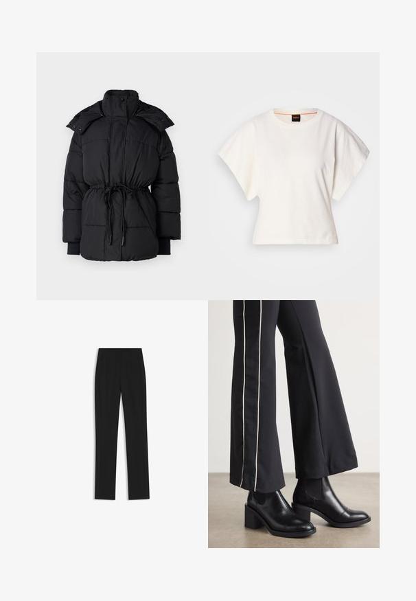 Giubbotto puffo nero con colletto alto, vita con coulisse e polsini a costine. Presenta bottoni a pressione e una texture trapuntata su tutta la superficie.; T-shirt bianca cropped, maniche corte e larghe, tessuto di cotone morbido, scollatura rotonda con bordino arancione sottile, design minimale, senza motivi o grafiche.; Pantaloni neri su misura con un design a gamba dritta, dotati di tasche frontali e un tessuto liscio e strutturato. Dettagli ordinati e minimalisti.; Stivaletti in pelle nera con tacco a blocco, dotati di pannelli elastici sui lati. Abbinati a pantaloni neri con una striscia bianca laterale.