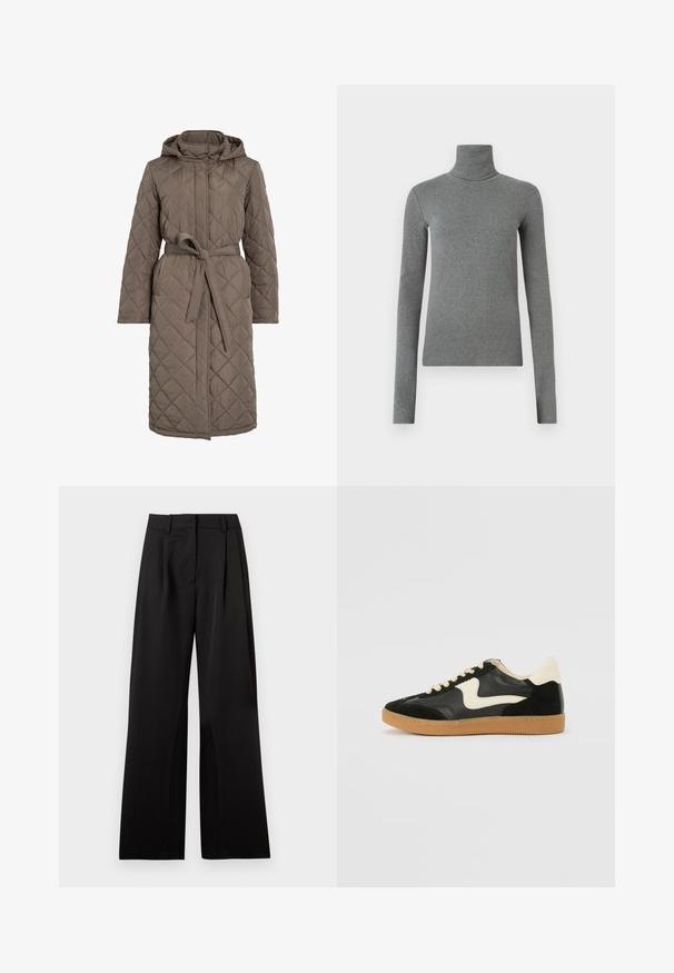 Padrastiniu kailiniu paltas neutraliu rudu atspalviu su gobtuvu, diržu juosmeniui ir įstrižais siuvinėjimo raštais. Pagamintas iš glotnaus, paminkštinto audinio.; Pilkas golfas, pagamintas iš lygaus, elastingo audinio. Ilgos rankovės, prilipęs dizainas, minimali tekstūra, be matomų raštų ar metalinių detalių.; Juodos plačios kelnės su lygiu paviršiumi, su priekinėmis klostėmis, platu liemenu ir dirželių kilpomis. Paprastas, sutvarkytas dizainas.; Juodos zomšo ir odos sportinės bateliai su kreminiu šoniniu swoosh ir šviesiai kreminiu kulnu. Ypatybės - smėlio spalvos raišteliai ir guminis padas.