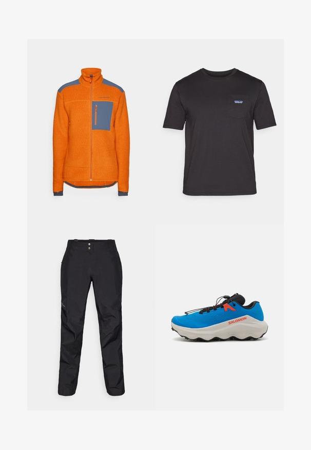 Oranžna flis jakna z visokim ovratnikom, modrimi ramenskimi akcenti, žepom na prsih z zadrgo in rebrastimi manšetami. Teksturovana tkanina po celotni jakni.; Črna majica s kratkimi rokavi iz bombaža, ki ima žep na prsih z modrim logotipom Patagonia na levi strani.; Črne vodoodbojne hlače z gladko teksturo, ki imajo dva sprednja gumba in zasnovo ožjih nog. Okrašene z logotipom na strani.; Modra športna obutev z teksturirano zgornjico, črnimi poudarki, oblazinjenim belim podplatom in nastavljivim vezalnim sistemom za varno prileganje.