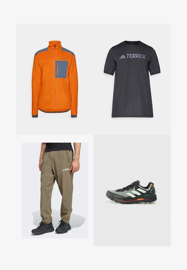Narancssárga poláros dzseki magas gallérral, kék vállrész kiemelésekkel, cipzáras mellzsebbel és bordázott mandzsettákkal. Az anyag texturált.; Fekete, rövid ujjú póló, könnyű anyagból készült, világosszürke „TERREX” logóval a mellrészen és kerek nyakkivágással.; Terrex márkájú könnyű, khaki színű túranadrág rugalmas derékkal, oldalsó zsebbel és logórészlettel. Tartós, lélegző anyagból készült.; Könnyű terepfutó cipő szürke és fekete hálós felsőrésszel, narancssárga elemekkel és barázdált talppal a tapadásért. Vízálló Gore-Tex bélés.