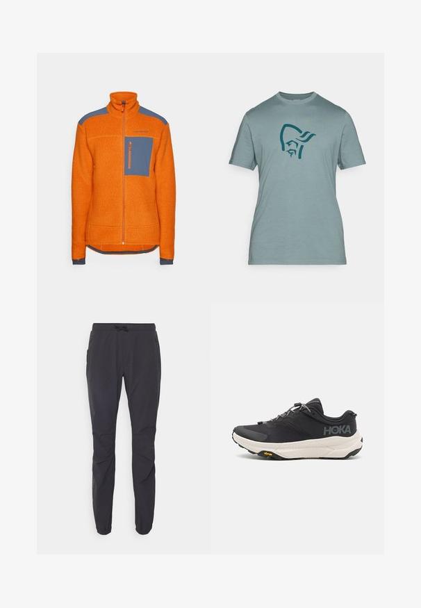 Oranž fliisjakker kõrge kraega, siniste õlavarre aktsentidega, tõmblukuga rinnatasku ja soonikkoes varrukad. Tekstuuriga kangas kogu ulatuses.; Lühikeste varrukatega, helesinine t-särk pehmest kangast, mille eesmisel küljel on tume sinine graafika stiliseeritud kuju peast.; Mustad musta värvi kerged õueriided, elastse vöökoha, stringikinnituse ja kahe külje lukuga taskuga. Valmistatud hingavast kangast.; Mustmustun mustus kingad tekstuurse ülusega, hallide aktsentidega, peegeldavate detailidega ning paksu valge tallaga, millel on Vibram'i bränding.