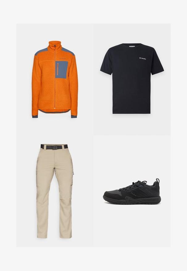 Oranžs flīsajakas ar augstu apkakli, ziliem plecu akcentiem, ar rāvējslēdzēja krūšu kabatu un ribotām piedurknēm. Visā virsmā ir teksturēts audums.; Melnas īsām piedurknēm T-krekls, izgatavots no kokvilnas, ar nelielu baltu Columbia logotipu kreisajā krūtī. Klasisks apaļš kakla izgriezums un brīvs piegriezums.; Beige kravas bikses ar vairākiem kabatām, melna regulējama josta un taisna kāju dizains. Izgatavotas no viegla, izturīga auduma.; Melnas sporta kurpes ar sietu un zamšādas augšdaļu, ar nostiprinātām vietām, noapaļotu purngalu, struktūru ar tekstūru Zem un vilkšanas cilpu uz papēža.