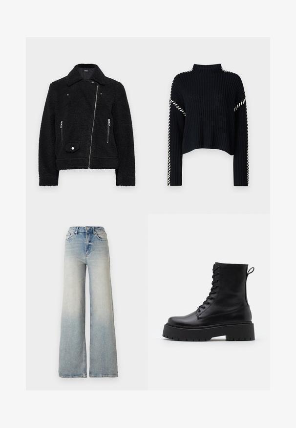 Črna umetna ovčja jakna s ovratnikom, zadrgo spredaj, dvema stranskima žeparjema in gumbčkom na spodnji levi strani.; Vero Moda VMNEWCREAM FUNNELNECK PULLOVER - Pulover - black/birch; Svijetloplave široke traperice s visokim strukom, koje imaju pet džepova i vidljivo šivanje uz šavove.; Črne usnjene gležnjarje z okroglo konico, vezalnim sprednjim delom in debelim gumijastim podplatom z teksturiranim profilom. Zanka na hrbtni strani.