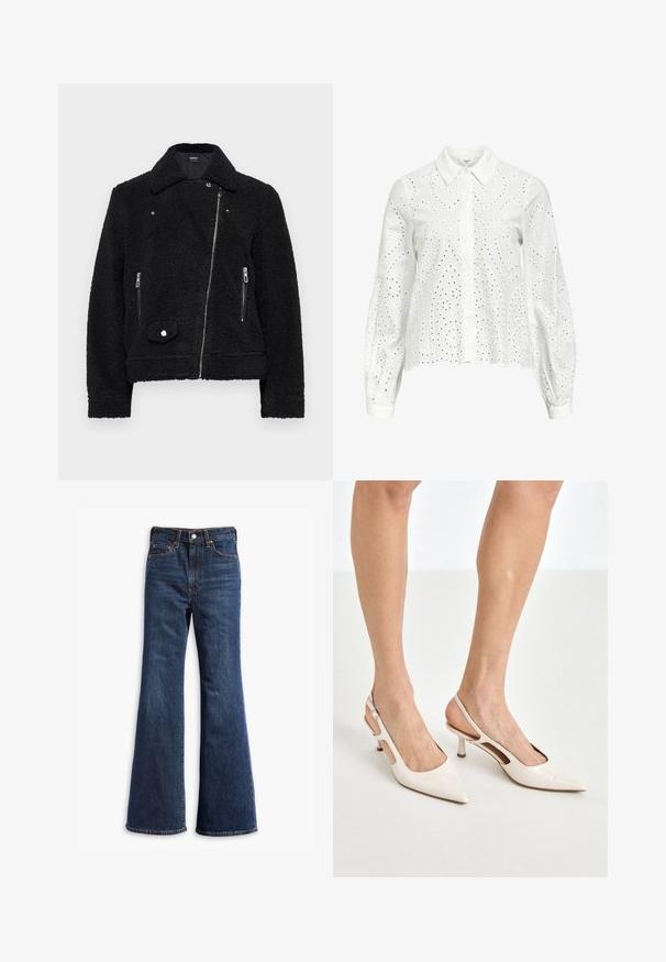 Svart jacka i fuskpäls med krage, dragkedja framtill, två sidofickor och en tryckknappdetalj längst ner till vänster.; Vit långärmad skjorta med krage, prydd med hålsöm broderi i paisleymönster och knäppning fram.; Höga mörkblå denimjeans med utställda ben, frontknapp och dragkedjestängning samt femficksdesign.; Beige lackläder slingbackklackar med spetsig tå och 5 cm klack, med utskurna sidor och ett tunt ankelband.
