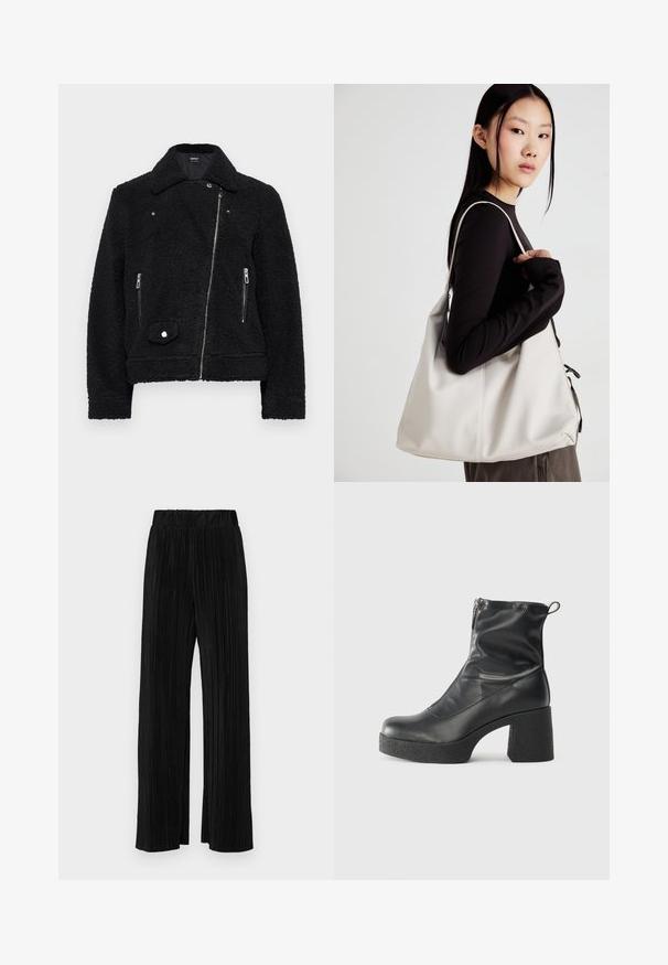 Melnā mākslīgā aitu ādas jaka ar apkakli, ar rāvējslēdzēju priekšā, divām sānu kabatām un pogu detaļu apakšējā kreisajā pusē.; Īsa balta T-kreklā izgatavots no kokvilnas ar īsām piedurknēm, apaļu kakla izgriezumu un taisnu apakšu, piedāvā gludu tekstūru un minimālistisku dizainu.; Melni plīšu bikses ar elastīgu jostu. Tām ir platākas kājas un gluda, teksturēta auduma ar vertikālām svītrām.; Melni potītes zābaki, kas izgatavoti no gludas ādas, ar sānu rāvējslēdzēju, masīvu strukturētu papēdi un noapaļotu purngalu.; Bežs rokassoma, izgatavota no mīksta materiāla, ar brīvu dizainu, izšūtu apdari un divām plecu siksnām. Piemērota ikdienas lietošanai.