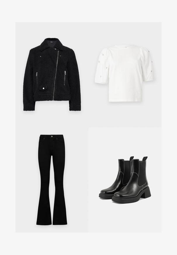 Black faux shearling jacket with a collar, zippered front, two side pockets, and a snap-button detail on the lower left.; White cotton t-shirt with short puff sleeves, featuring small silver embellishments along the sleeves. Classic round neckline, relaxed fit.; Black high-waist jeans with a button and zip closure, front pockets, and flared legs laid flat on a white background.; Black leather Chelsea boots with a chunky heel, elastic side panels, and contrasting white stitching. Textured finish.