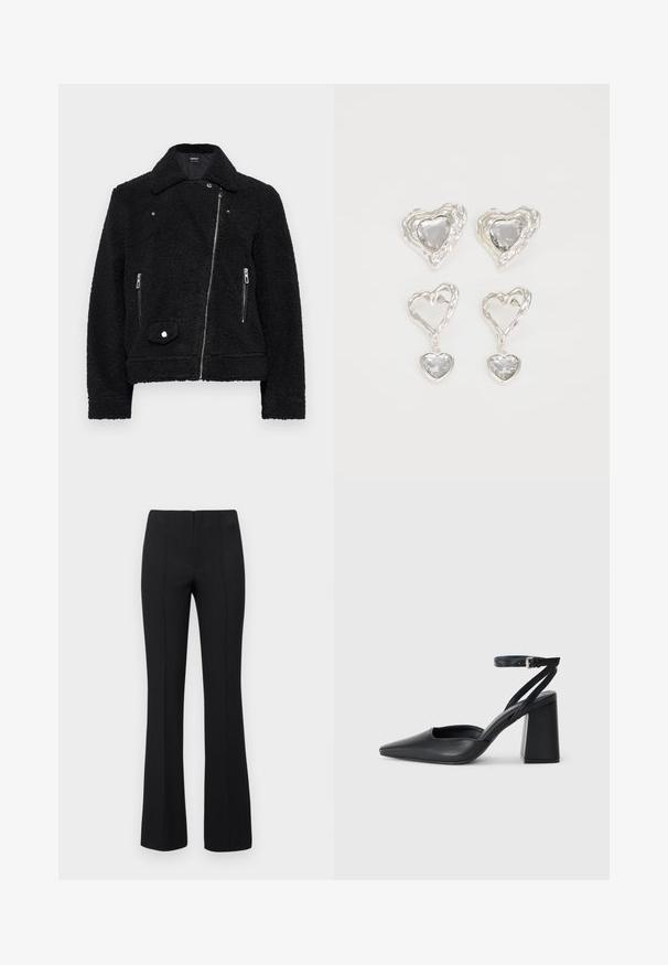 Melnā mākslīgā aitu ādas jaka ar apkakli, ar rāvējslēdzēju priekšā, divām sānu kabatām un pogu detaļu apakšējā kreisajā pusē.; Melna kokvilnas T-kreklu ar īsām piedurknēm, virs baltas garām piedurknēm ar smalku teksturētu rakstu. Apaļas kakla izgriezuma dizains.; Melnas flared bikses ar ribotu tekstūru un pieguļošu vidukli. Dizainā ir vertikālas šuves, lai radītu plūdenu izskatu. Nav redzamu aprīkojumu.; Melna ādas augstpapēžu kurpe ar norakstīto purngala formu, potītes siksniņu un masīlu papēdi. Gluda tekstūra, elegants dizains un minimālisma estētika.; Sudraba sirds formas auskari ir rotāti ar daudzšķautņainiem caurspīdīgiem akmeņiem un ar teksturētu rāmi. Komplektā iekļauti gan pērlīšu, gan pilienu stili.