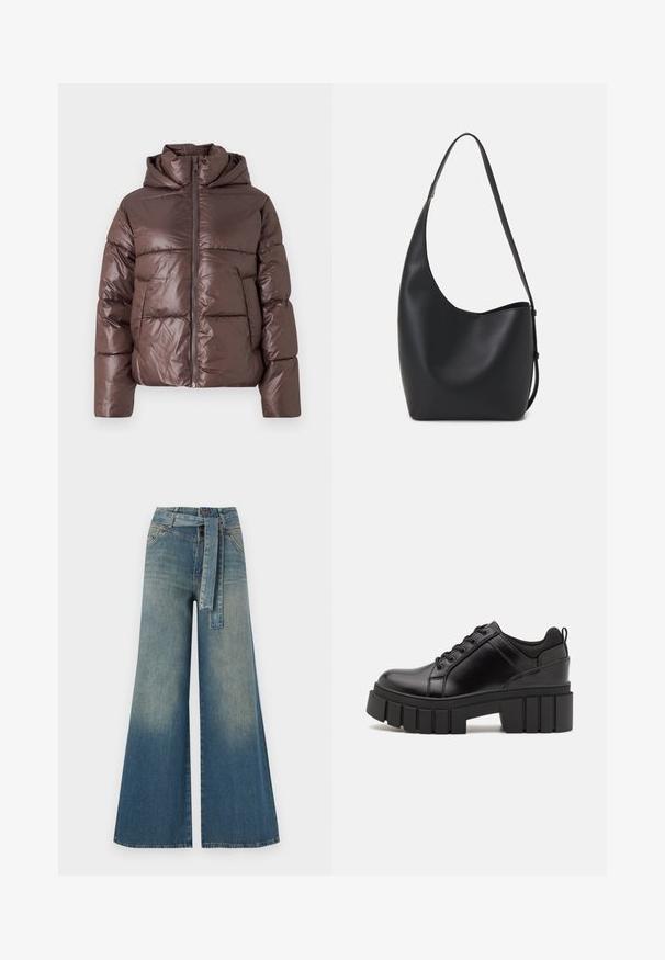 Brun puffersjakke med en blank finish, glidelås foran, høy krage og lange ermer. Polstret design med horisontale sømdetaljer.; Svart bomulls T-skjorte med korte ermer, med en liten rosa sommerfugl grafikk på venstre bryst. Crew-neck design med en avslappet passform.; Bredde ben jeans med en lyseblå til mørkeblå gradient, høyt liv, beltehemper og et matchende belte i samme stoff. Teksturert denimoverflate.; Svarte lærplattformsko med kraftig blokkhell, rund tå og tradisjonell snøring. Har en jevn tekstur og minimal detaljering.; Svart lær hobo-veske med glatt tekstur, buet form og enkelt justerbart stropp; har en bred åpning på toppen.