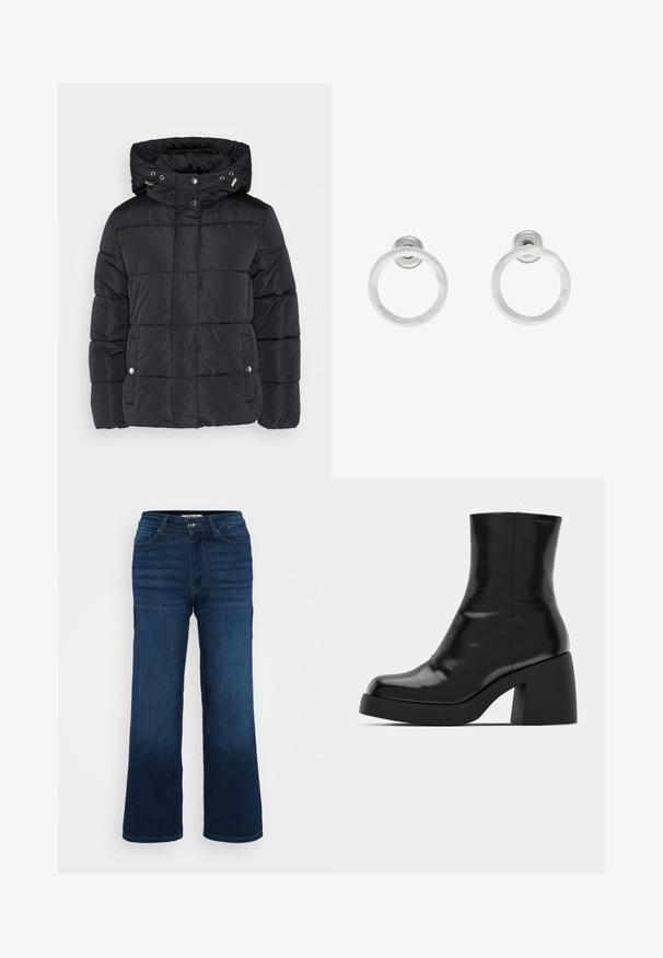 Czarna kurtka puchowa z pikowanym wzorem, kapturem, zapięciem na zatrzaski i bocznymi kieszeniami. Wykonana z gładkiego, błyszczącego materiału.; Even&Odd Petite - Top; ONLY Petite ONLMADISON WIDE ciemnoniebieski; Czarne botki za kostkę o błyszczącej wykończeniu, kwadratowym czubku i grubym słupkowym obcasie. Projekt charakteryzuje się bezszwową sylwetką i minimalną marką.; Srebrne metalowe kolczyki w kształcie obręczy z matową teksturą, z okrągłym wzorem i przezroczystym zapięciem typu post, zapewniającym bezpieczne noszenie.