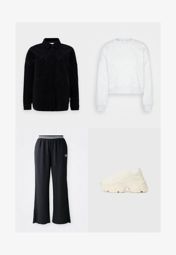 Schwarze Leopardenprint-Hemdjacke mit Kragen, Knopfverschluss und zwei Brusttaschen. Weicher Stoff mit strukturiertem Finish.; Helle graue, langärmlige, gekürzte Sweatshirt mit gerippten Bündchen und hohem Rundhalsausschnitt, auf einem schlichten hellen Hintergrund präsentiert.; Schwarze Sporthosen mit weitem Beinschnitt, elastischem Bund mit schwarz-weißen Streifen und seitlichen Schlitzern am Saum.; Flockige weiße Sneaker aus strukturiertem Mesh und synthetischen Materialien, mit einer dicken Sohle und komplizierten Mustern entlang der Seiten.