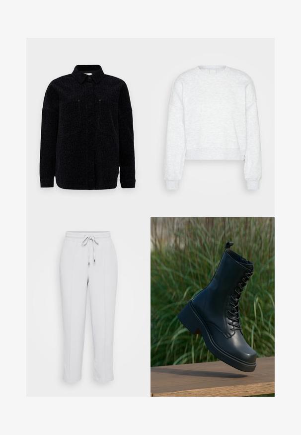 Black leopard print shirt jacket featuring a collared neckline, button closure, and two chest pockets. Soft fabric with a textured finish.; Light grey, long-sleeve cropped sweatshirt with ribbed cuffs and high crew neckline, displayed on a plain light background.; Light gray elastic waist pants with adjustable drawstring, featuring two side pockets and a tapered leg design. Smooth fabric texture.; Black leather ankle boots with a round toe, lace-up front, and thick, chunky heel. Features detailed stitching and a smooth surface texture.