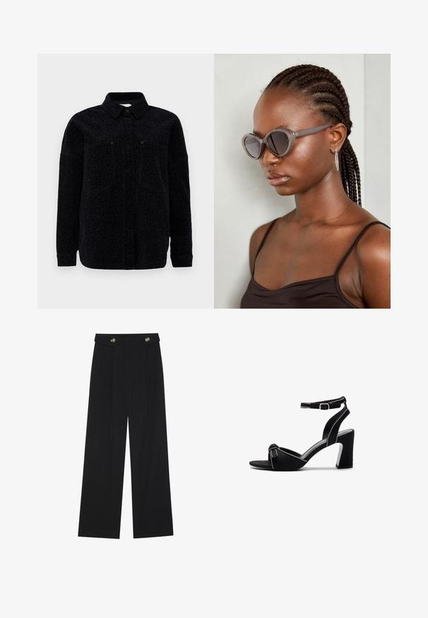 Sort leopardmønstret skjortejakke med krave, knaplukning og to brystlommer. Blødt stof med en struktureret overflade.; Hvid ærmeløs top med rund halsudskæring. Lavet af glat stof, har den en afslappet pasform og minimalistisk design. Ingen mønstre eller accenter.; Sorte vide bukser med høj talje, knapdetaljer på taljebåndet og frontfald.; Sorte ruskind hælede sandaler med en bred blokhælt, justerbar ankelrem, åben tå-design og kontrasterende syninger.; Grå oversized solbriller med rund form og mørke linser. Slank plastikramme med en glat finish. Modellen har fletninger.