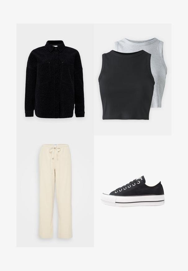 Jachetă cămașă cu imprimeu de leopard negru, cu guler, închidere cu nasturi și două buzunare la piept. Material moale cu un finisaj texturat.; Even&Odd Petite 2 PACK - Top - light grey/black; Even&Odd Petite Pantaloni - beige; Tenisi negri din pânză cu talpă din cauciuc alb, vârf rotund, design joas, ochiuri metalice și capac texturat la vârf. Dungi subțiri negre de-a lungul tălpii.