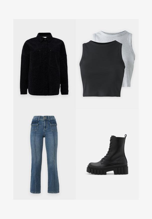 Giacca camicia con stampa leopardata nera, caratterizzata da un colletto, chiusura con bottoni e due tasche sul petto. Tessuto morbido con finitura texturizzata.; Even&Odd Petite 2 PACK - Top - light grey/black; ONLY Petite ONLWAUW MID WAIST FLARED - Jeans a zampa - medium blue denim; Stivale alla caviglia in pelle nera con suola spessa e scanalata, lacci anteriori e linguetta per il sollevamento su sfondo bianco liscio.