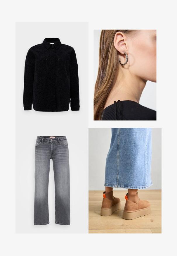 Zwart panterprint shirtjack met een kraag, knoopsluiting en twee borstzakken. Zachte stof met een gestructureerde afwerking.; Even&Odd Petite 2 PACK - Top - light grey/black; Grijze denim jeans met een recht gesneden ontwerp, vijf zakken stijl, subtiele vervaging en een knoopsluiting in de taille.; Bruine suède platformlaarzen met elastische zijkanten en oranje trekbandjes, gecombineerd met een lichtdenim rok tot de knie op een houten vloer.; Zilveren oorbel met een gepolijste afwerking, met kleine gouden accentdetails en een ronde vorm, gedragen op de oorlel.