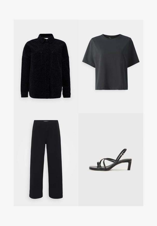 Sort leopardmønstret skjortejakke med krave, knaplukning og to brystlommer. Blødt stof med en struktureret overflade.; Sort bomulds t-shirt, korte ærmer, rund hals, afslappet pasform, glat tekstur, enkelt design, ingen mønstre eller accenter.; Sorte vide bukser med elastisk talje. Fremstillet af et tekstureret materiale, der har en løs pasform og lige snit fra hofterne til kanten.; Sort remsandale med firkantet tå og en lav blokeret hæl. Har flere tynde stropper og en justerbar ankelrem. Fremstillet af glat læder.