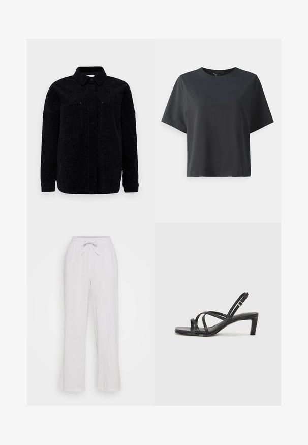 Sort leopardmønstret skjortejakke med krave, knaplukning og to brystlommer. Blødt stof med en struktureret overflade.; Sort bomulds t-shirt, korte ærmer, rund hals, afslappet pasform, glat tekstur, enkelt design, ingen mønstre eller accenter.; Hvide linnedbukser med snøre i taljen, der har en afslappet pasform og lige ben. Glat tekstur, ingen synlige mønstre eller accenter.; Sort remsandale med firkantet tå og en lav blokeret hæl. Har flere tynde stropper og en justerbar ankelrem. Fremstillet af glat læder.