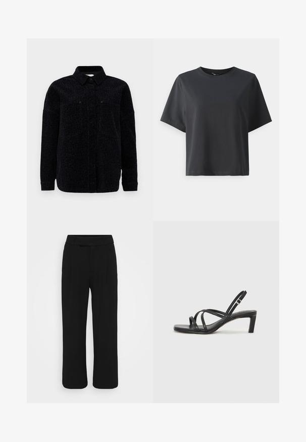 Juodas leopardų rašto švarkas su apykakle, mygtukų užsegimu ir dviem krūtinės kišenėmis. Minkšta medžiaga su tekstūruotu paviršiumi.; Juodas medvilnės marškinėliai, trumpomis rankovėmis, apvaliu kaklu, laisvas kirpimas, lygus paviršius, paprastas dizainas, be raštų ar akcentų.; Juodos plačios kelnės, pagamintos iš sklandžios medžiagos, turinčios lygią priekinę dalį, diržo kilpas ir nematomus kišenių. Švarus, pritaikytas dizainas.; Juodi šlepetės su kvadratiniu pirštu ir žemu bloku kulnu. Yra keli ploni dirželiai ir reguliuojamas kulkšnies diržas. Pagaminti iš lygios odos.