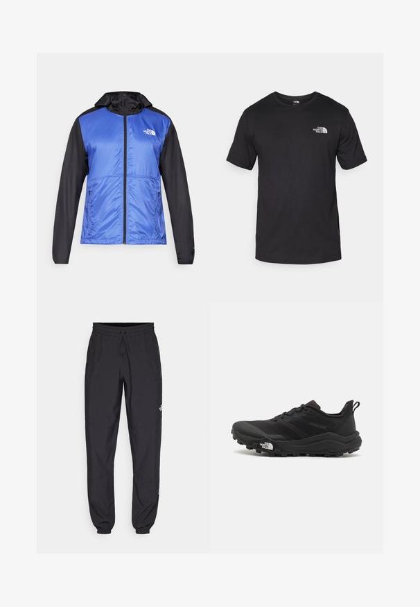 Μπλε και μαύρο φερμουάρ μπουφάν με κουκούλα, κατασκευασμένο από ελαφρύ, γυαλιστερό υλικό. Διαθέτει δύο πλαϊνές τσέπες και ένα μικρό λογότυπο στο στήθος.; Μαύρη κοντομάνικη μπλούζα φτιαγμένη από βαμβάκι, με στρογγυλή λαιμόκοψη και μικρό λευκό λογότυπο στην άνω αριστερή περιοχή του στήθους.; Μαύρη αθλητική παντελόνι κατασκευασμένο από ελαφρύ ύφασμα, με ζώνη που ρυθμίζεται με κορδόνι, πλευρικές τσέπες και στενές μανσέτες στους αστραγάλους.; Μαύρο αθλητικό παπούτσι τρεξίματος με υφασμάτινο άνω μέρος, καουτσούκ σόλα και ενισχυμένη μύτη. Διαθέτει επενδεδυμένο κολάρο και θηλιά στα πίσω για εύκολη φορεσιά.