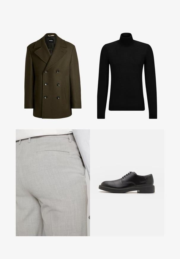 Tumma oliivinvihreä kaksirivinen vill takki, jossa on leveät kaulukset, kaksi sivutaskua ja kuusi mustaa nappia kiinnitystä varten.; Mustahuivi neule, joka on valmistettu pehmeästä materiaalista, jossa on pitkät hihat ja tiukka istuvuus. Ribbaus reunassa ja hihansuissa. Yksinkertainen muotoilu.; Vaaleanharmaat räätälöidyt housut tekstuuripintaisesta kankaasta, joissa on yksi takatasku ja siistit saumat.; Mustat nahkasaappaat, joissa on pyöreä kärki, sileä pinta, minimaalinen ommel ja matala kumipohja. Logo kannassa.