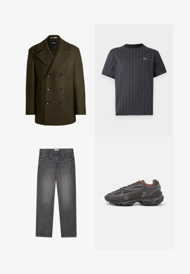 Dark olive green double-breasted coat made of wool, featuring broad lapels, two side pockets, and six black buttons for closure.; Black short-sleeve t-shirt featuring a geometric pattern and a green crocodile logo, with a solid black crew neckline.; Dark gray denim jeans with a straight cut, featuring five pockets, a front button closure, and subtle fading across the fabric.; Lacoste sneakers in dark gray with mesh and synthetic material, featuring a textured sole and brown accents on the collar and branding.