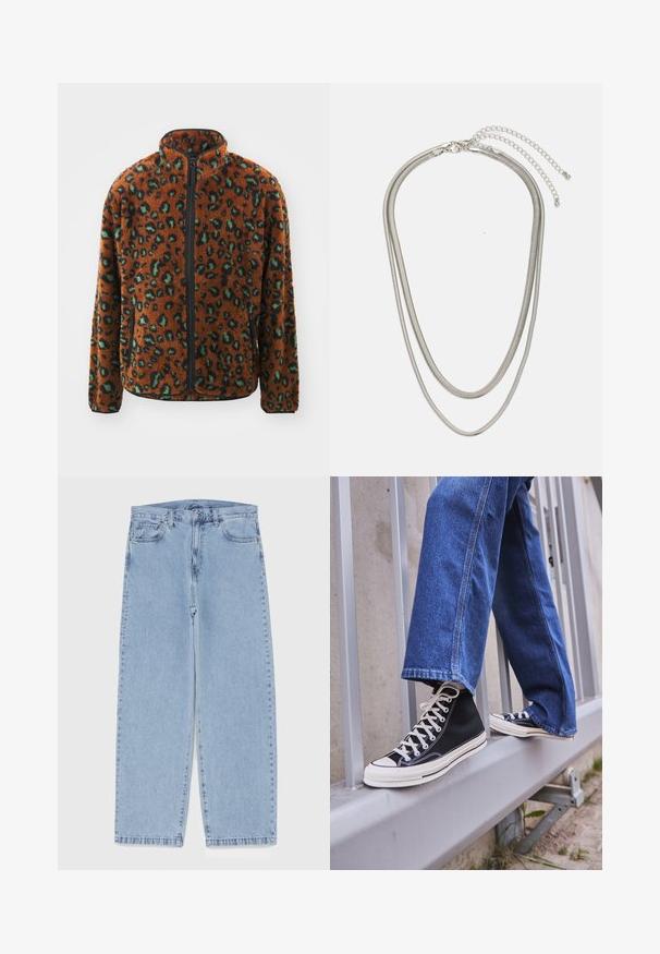 Carhartt WIP JEBSON - Vinterjacka - tamarind/black; Fem långärmade T-shirts i rad: turkos, svart, vit, mörkgrå och marinblå. Mjuk tyg med rund halsdesign och standardpassform.; Ljusblå denimjeans med rak bendesign, midjehög midja, fem fickor samt knapp- och dragkedjestängning.; Svarta högskurna sneakers med vit sula och snören, tillsammans med lösa blå jeans, vilande på ett grått räcke.; Tre-lager silvermetallhalsband med eleganta, flexibla kedjor med en svag glans, säkrad med ett kräftklämma och justerbar kedja.