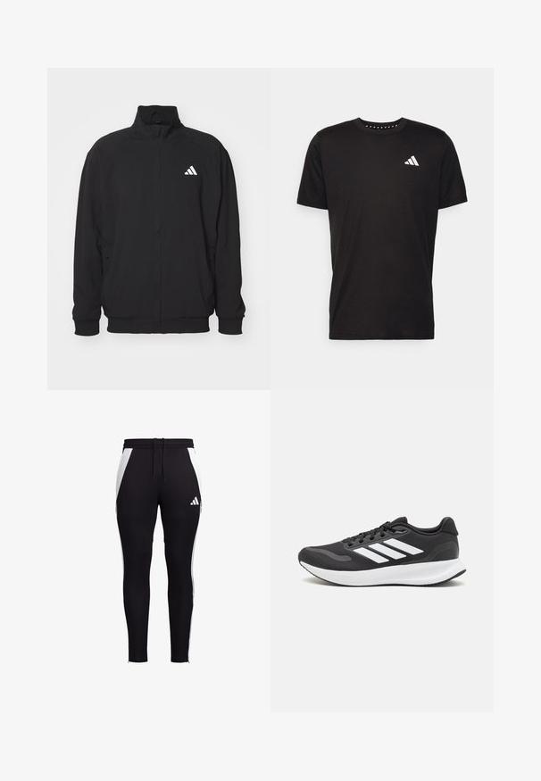 Musta ulkotakki, joka on valmistettu kevyestä kankaasta ja jossa on korkea kaulus, vetoketjusuljin, elastiset hihansuut ja valkoinen logo vasemmalla puolella.; Musta puuvillapaita lyhyillä hihoilla, pyöreä pääntie ja valkoinen logo vasemmassa rinnassa. Sujuva rakenne ja yksinkertainen muotoilu.; Mustat urheiluhousut, joissa on valkoiset sivupaneelit, slim fit -malli, joustava vyötärönauha, jossa on kiristysnauha, ja pieni valkoinen logo vasemmassa alareunassa.; Mustat urheilukengät hengittävällä verkkosella yläosalla, valkoisilla yksityiskohdilla ja pehmustetulla pohjalla. Sivussa on kolme raitaa -logo.