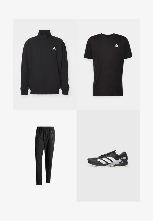 Sort yderjakke lavet af letvægtsstof, med høj krave, lynlås lukning, elastiske manchetter og et hvidt logo på venstre side.; Sort bomulds T-shirt med korte ærmer, rund hals og et hvidt logo på venstre bryst. Glat tekstur og enkelt design.; Sorte atletiske bukser med elastisk talje, to lynlåslommer på siden, tætsiddende ben og en diskret logo-detalje på hoften.; Sort sportsko med hvide striber, mesh-overdel, rund tå og dæmpet sål. Har en tekstureret hæl og et sikkert snøresystem.