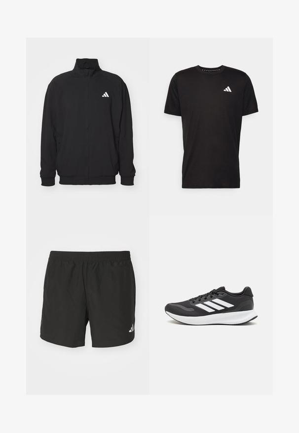 Black outer jacket made of lightweight fabric, featuring a high collar, zip closure, elastic cuffs, and a white logo on the left side.; Black cotton t-shirt with short sleeves, crew neckline, and a white logo on the left chest. Smooth texture and simple design.; Black athletic shorts with an elastic waistband, side slits, and reflective logo accents. Made of lightweight, smooth fabric.; Black athletic shoe with breathable mesh upper, white accents, and a cushioned sole. Features three stripes logo on the side.