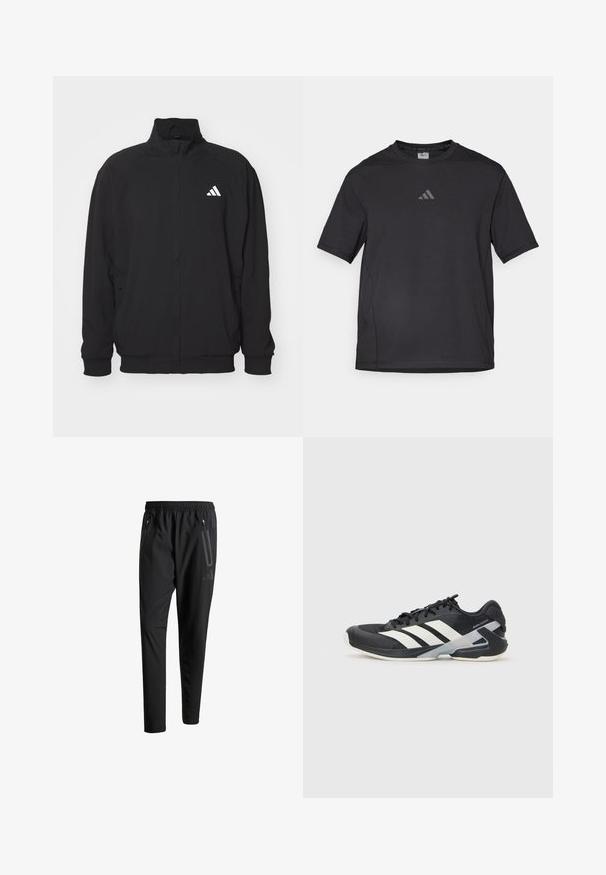 Čierna vonkajšia bunda vyrobená z ľahkej tkaniny, so zvýšeným golierom, zapínaním na zips, elastickými manžetami a bielym logom na ľavej strane.; Čierne atletické tričko vyrobené z priedušného materiálu, s krátkymi rukávmi, okrúhlym výstrihom a reflexným logom na hrudi.; Čierne športové nohavice s elastickým pásom, dvoma bočnými zipsovými vreckami, zužujúcimi sa nohavicami a nenápadným detailom loga na bokoch.; Čierna športová obuv s bielymi pruhmi, sieťovinový zvršok, zaoblená špička a polstrovaná podrážka. Obsahuje štruktúrovaný opätok a bezpečný systém šnurovania.