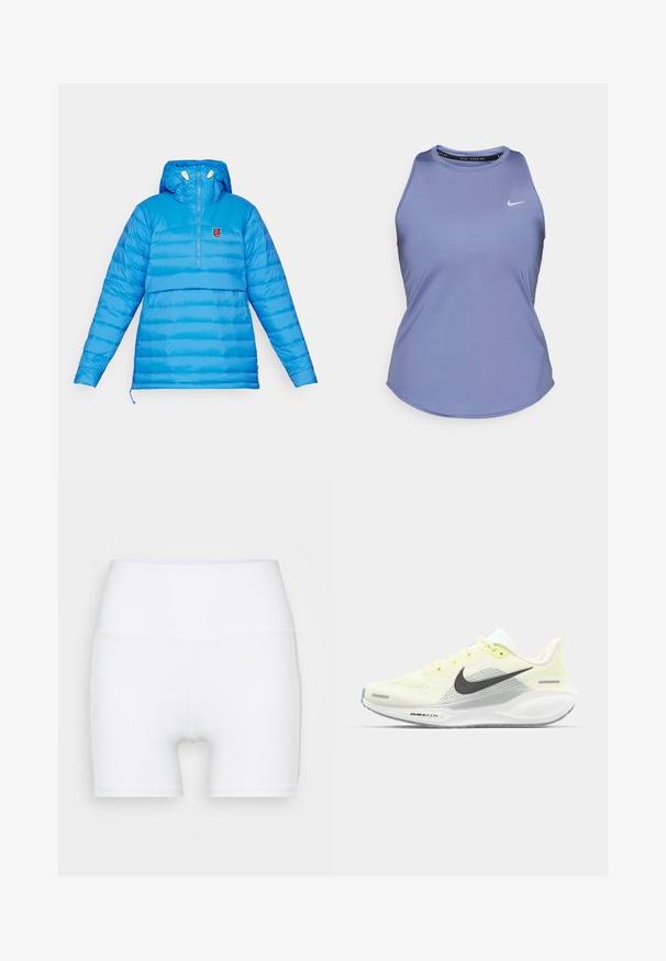 Ljusblå pufferjacka med halvt zip-design, huva och horisontell sömnad. Har en liten logotyp på bröstet och justerbar nederdel.; Lila sporttopp utan ärmar med rund halsringning. Har en liten Nike-logotyp i vitt på vänster bröst. Slät textur.; Vita högmidjade shorts i stretchtyg. Har en jämn yta och en åtsittande design, utan ytterligare mönster eller detaljer.; Nike löparskor med ett ljusgult och vitt nätövre, grå detaljer och en flexibel gummisul. Har en snörning för stängning.