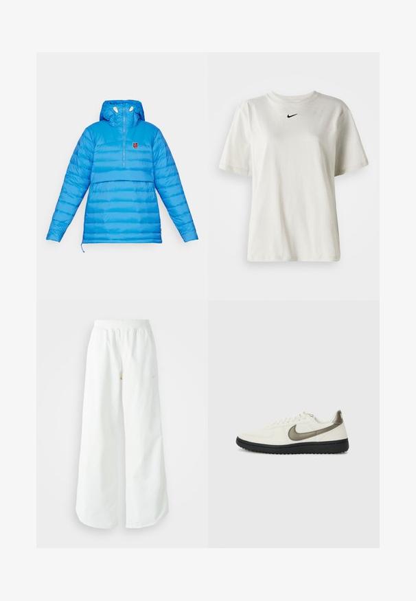 Šviesiai mėlynas pūkinis džemperis su pusiau užtrauktuku, su gaubtu ir horizontaliu siuvimu. Turtingas mažas logotipas krūtinėje ir reguliuojamas apatinis kraštas.; Balta medvilnė marškinėliai su apvaliu kaklu ir trumpomis rankovėmis. Priekyje yra mažas juodas Nike logotipas. Paprastas ir nepuošnus dizainas.; Balti sportiniai keliai su platėjančiomis kojomis, su įtemptu juosmeniu ir subtilia logotipo detale. Lygus audinys, laisvas kirpimas ir siaurėjantis apatinis kraštas.; Nike Sportswear FIELD GENERAL - Sportbačiai - off-white/black
