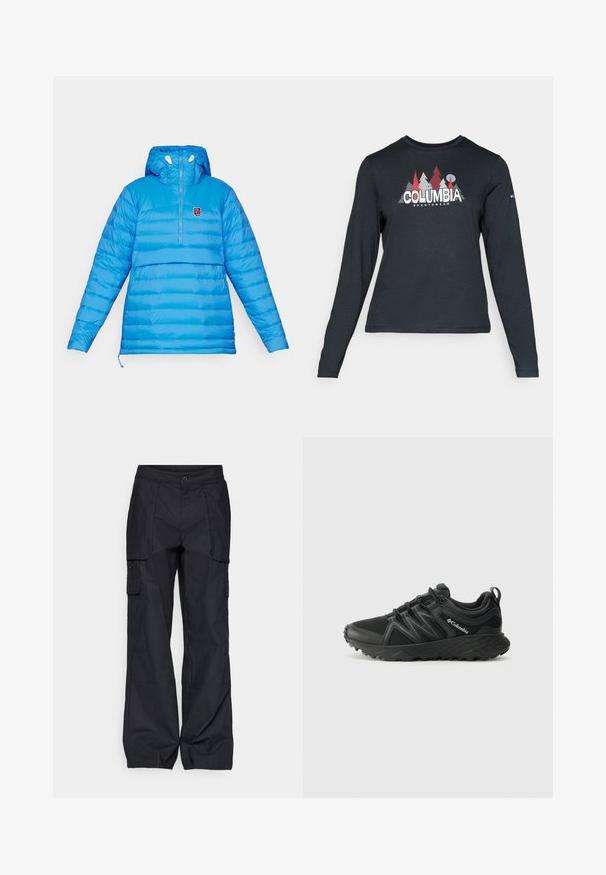 Chaqueta acolchada de color azul claro con diseño de media cremallera, capucha y costuras horizontales. Presenta un pequeño logo en el pecho y dobladillo ajustable.; Camisa de manga larga gris oscuro con un gráfico de árboles rojos y montañas; logo "COLUMBIA" en texto blanco en negrita. Tela suave, cuello redondo estándar.; Columbia BREA FALLS™ COTTON RIPSTOP PANT - Pantalones montañeros largos - black; Columbia PEAKFREAK - Zapatillas de senderismo - black