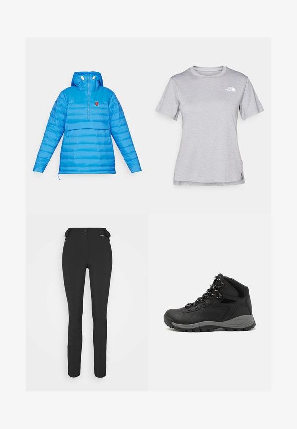 Giacca a vento leggera di colore blu chiaro con design a mezza zip, cappuccio e cuciture orizzontali. Presenta un piccolo logo sul petto e un orlo regolabile.; T-shirt grigio a maniche corte realizzato in morbido tessuto traspirante. Presenta un collo tondo e un piccolo logo bianco nella parte superiore sinistra.; Pantaloni neri aderenti realizzati in materiale flessibile. Presentano una tasca laterale con zip, ginocchia articolate e una texture liscia.; Stivale da trekking nero con design a metà altezza, dotato di una tomaia texturizzata, accenti grigi e suola in gomma resistente con tasselli per la trazione.