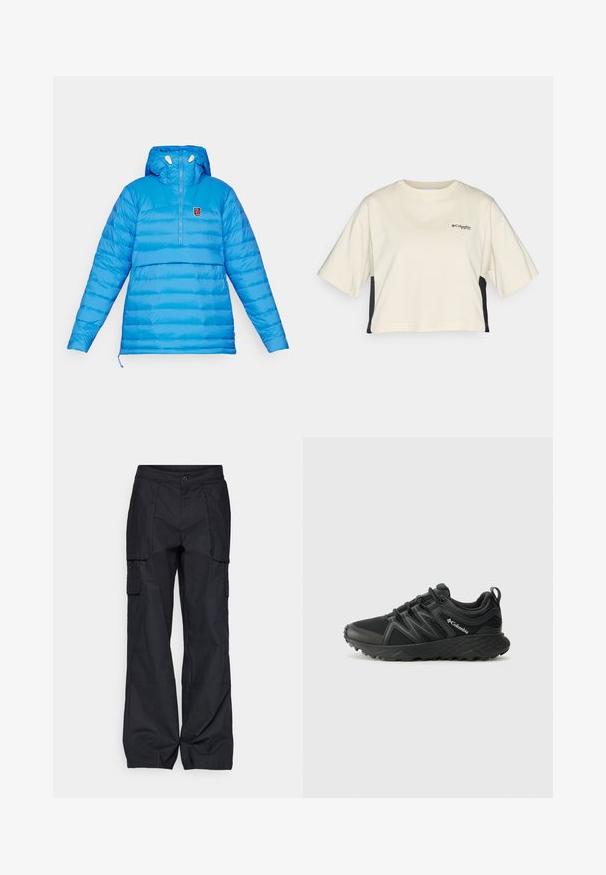 Giacca a vento leggera di colore blu chiaro con design a mezza zip, cappuccio e cuciture orizzontali. Presenta un piccolo logo sul petto e un orlo regolabile.; T-shirt cropped color crema con colletto rotondo, maniche corte e pannelli laterali neri; presenta un piccolo logo nero sul petto.; Columbia BREA FALLS™ COTTON RIPSTOP PANT - Pantaloni outdoor - black; Columbia PEAKFREAK - Scarpa da hiking - black