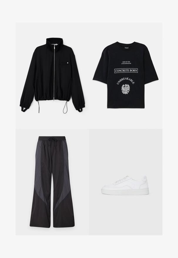 Black zip-up jacket with high collar, elastic cuffs, and a drawstring hem. Features a small front pocket and smooth fabric texture.; Black oversized T-shirt with white text "Kids of the Loud Kingdom," "Concrete Born," "Unbreakable," and a detailed eagle graphic below.; Han Kjøbenhavn PANELLED TRACK TROUSERS - Tracksuit bottoms - anthracite black; White low-top sneaker with lace-up front, smooth upper, and rubber sole on plain light background.