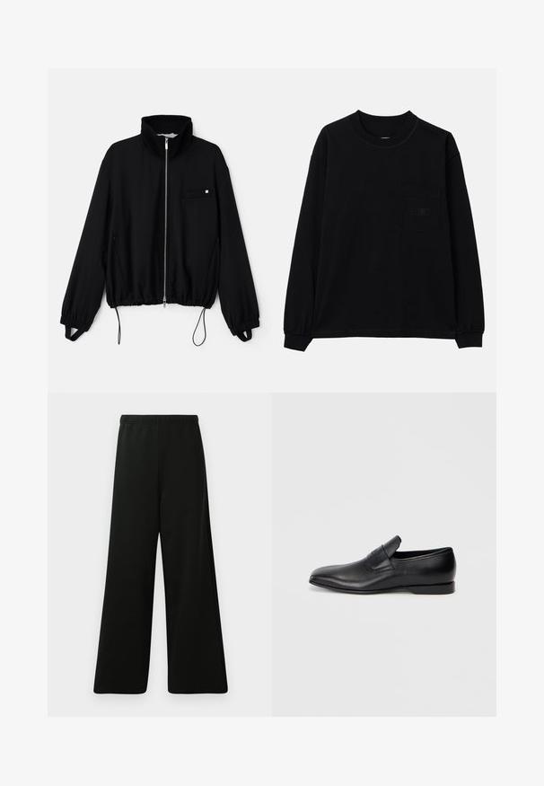 Melna zip-up jaka ar augstu apkakli, elastīgām piedurknēm un regulējamu apakšmalu. Tai ir maza priekšējā kabata un gluda auduma tekstūra.; Melnas garām piedurknēm T-krekls, izgatavots no kokvilnas, ar apaļu kaklu, kreisās krūtis kabatu un elastīgiem aprocēm. Minimālistisks dizains bez rakstiem.; Melni plati bikses, kas izgatavotas no mīksta auduma. Raksturīga elastīga josta, gluda tekstūra un vienkāršs, mūsdienīgs dizains bez rakstiem.; Melna ādas slēgta kurpe ar smailu purngalu, gludu virsmu un diskrētu zīmolu uz sāniem. Zems papēdis ar tīru, minimālistisku dizainu.